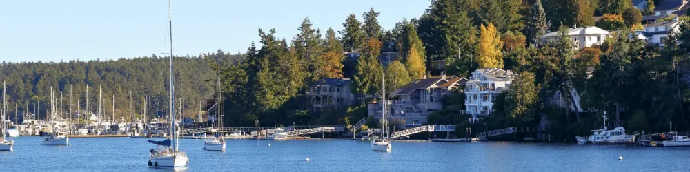 San Juan Islands, Washington. Scenic view of boats and houses on the hillside.